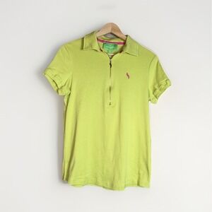 Cappagallo Women's Lime Green Short Sleeve Polo Shirt Size S 1/2 Zip Pink Bird